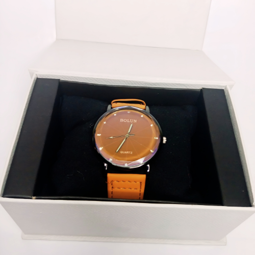 Stylish Watch For Men With Brown Dial and Leather Strap With Box
