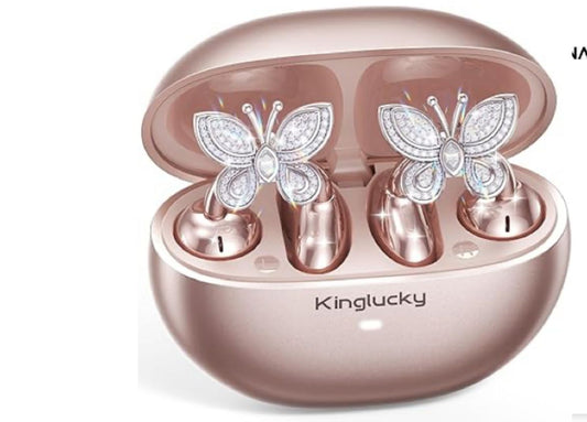 Butterfly Crystal Wireless Earbuds – Elegant Rose Gold Luxury Design
