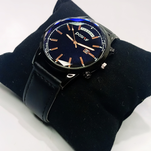 Decent Watch With Black Dial And Date Display And Black Leather Strap With Box