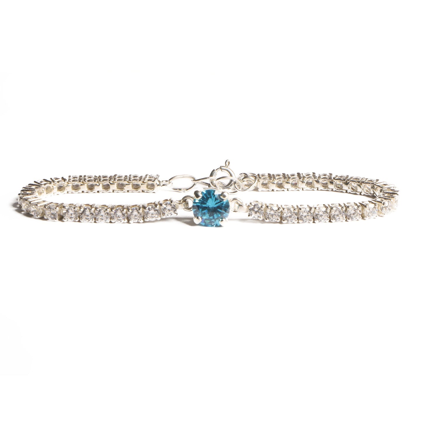 Elegant Silver Tennis Bracelet with Blue Crystal Centerpiece
