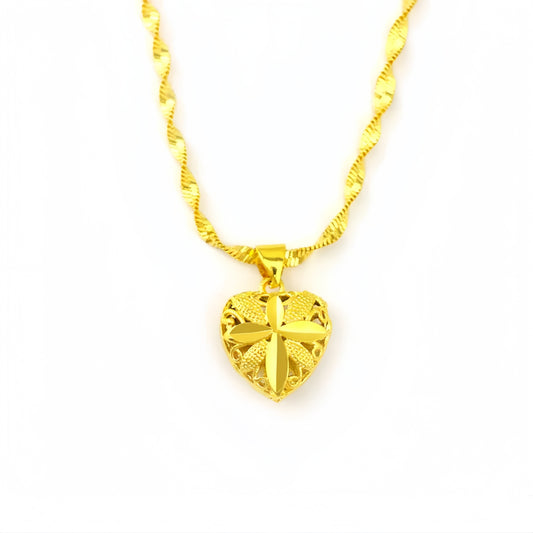 Golden Heart Cross Pendant Necklace – Luxury Twisted Rope Chain